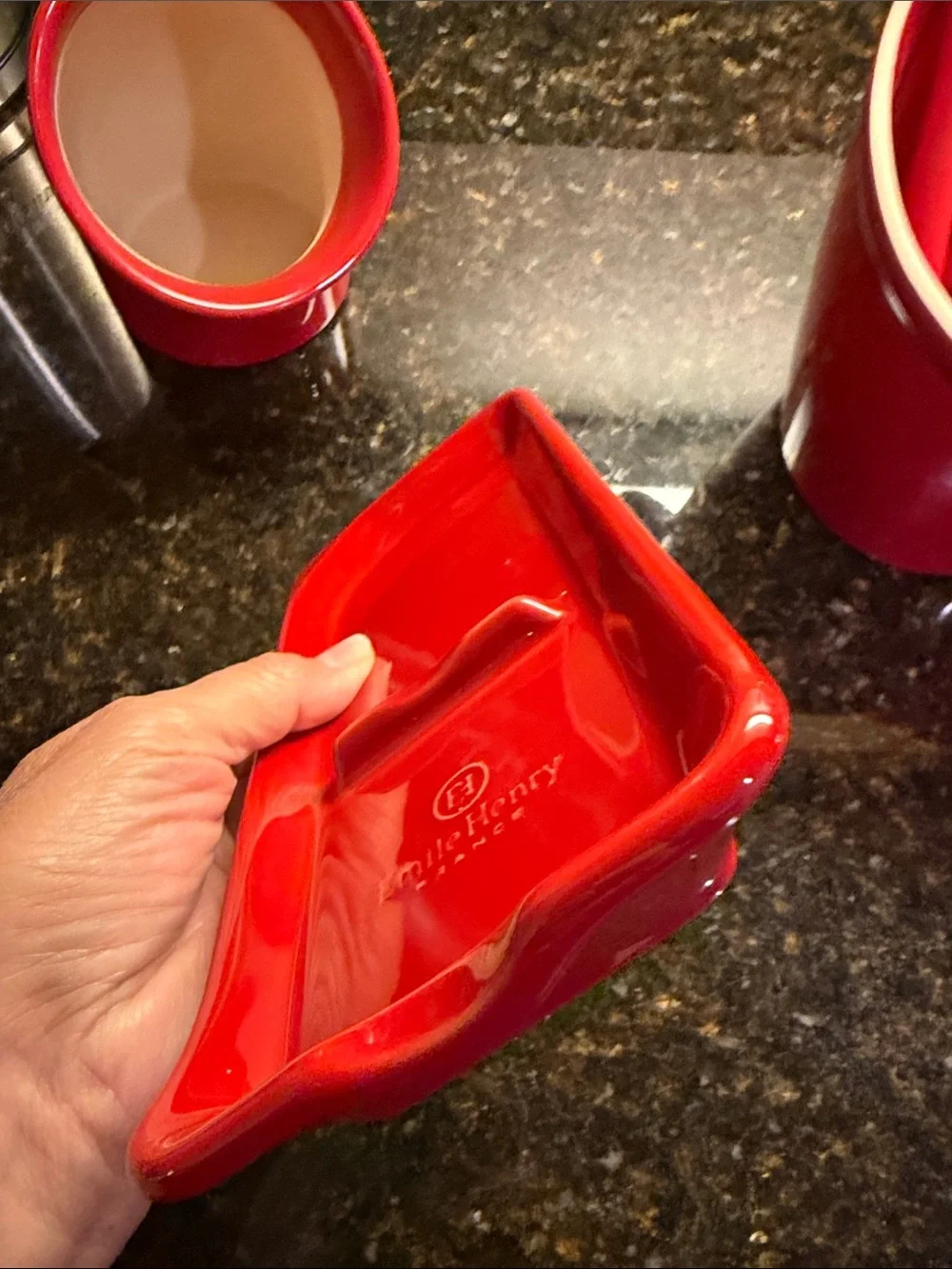Emile Henry Spoon Rest, Salt Cellar and Utencil holder. Made in France. RED